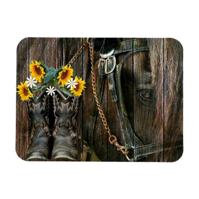 Ímã Cavalo Cowboy Boots Girassóis Flores Rústicas Cons (Horizontal)