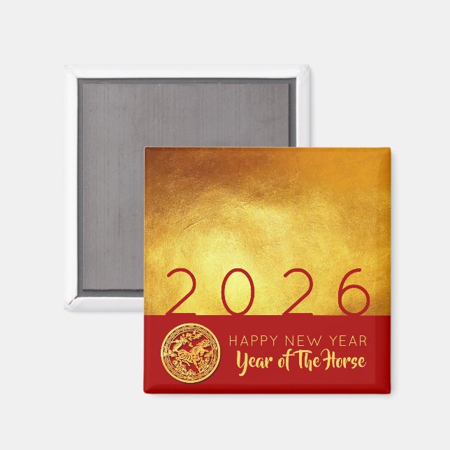 Imã Cavalo de Ano Novo Chinês 2026 Dourado Vermelho Sq (Front/Back)