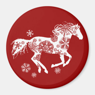 Imã Cavalo de Natal de Floco de Neve Vermelho e Branco