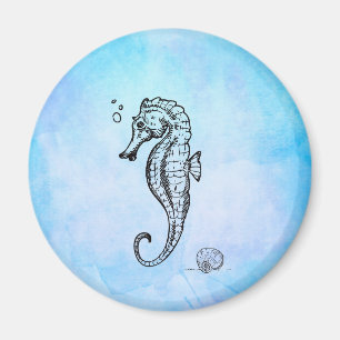 Imã Cavalo-do-mar e Seashell na Blue Watercolor