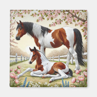Imã Cavalo e Potro Bonitos em um Pomar Florido