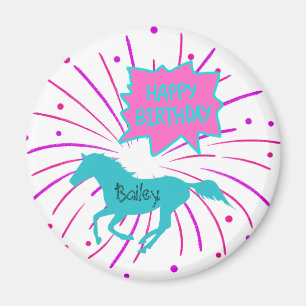 Imã Cavalo Feliz Aniversário Rosa Turquesa Roxo