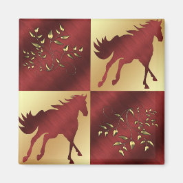 Imã Cavalo Maroon e Dourado com Folhas Douradas
