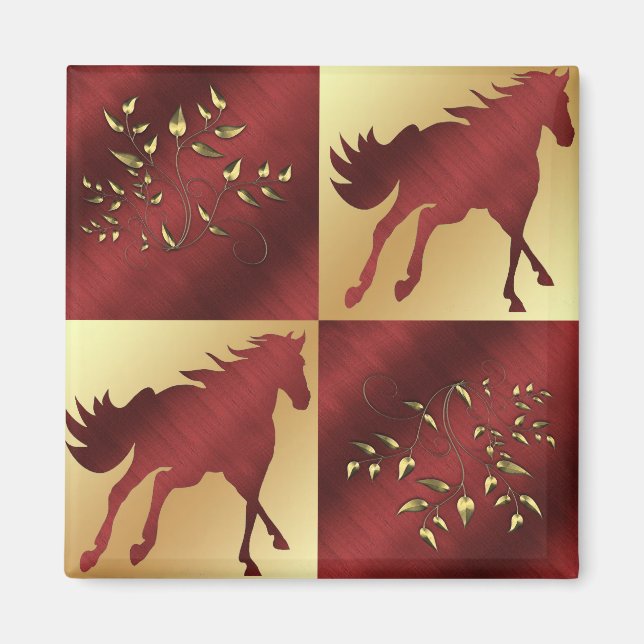 Imã Cavalo Maroon e Dourado com Folhas Douradas (Frente)