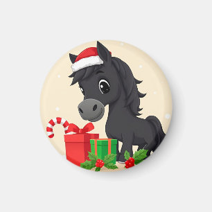 Imã Cavalo Preto de Desenho Animado Festivo Com Chapéu