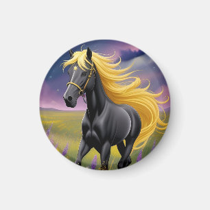 Imã Cavalo Preto Majestoso com Crina Dourada Fluindo