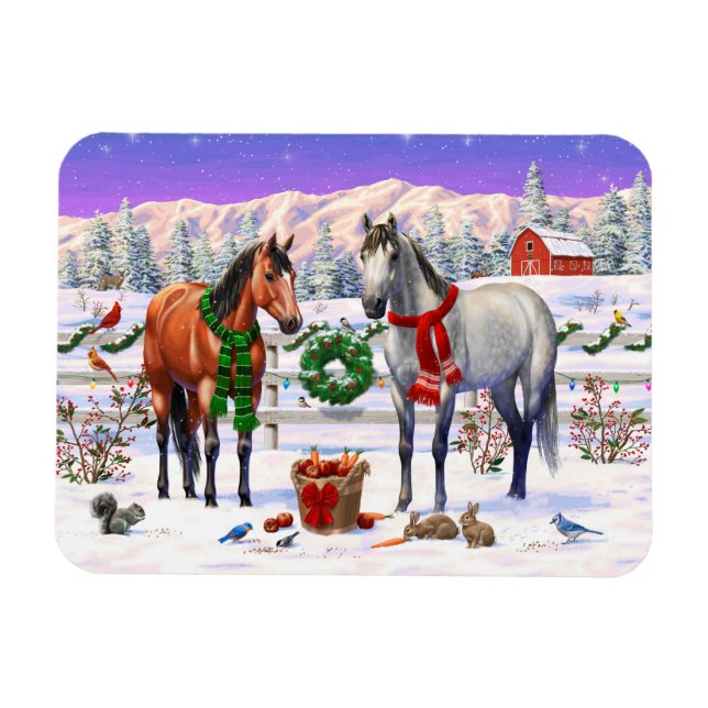 Ímã Cavalos de Natal na neve (Horizontal)