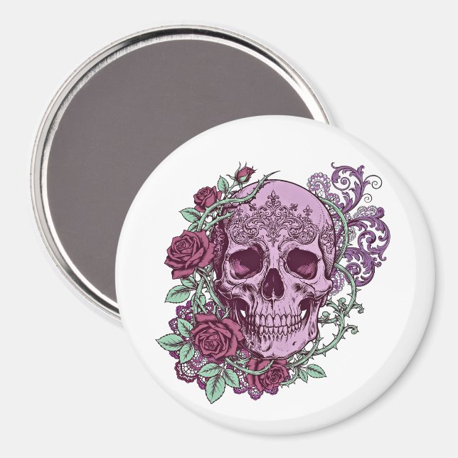 Imã Caveira de Lavanda com Design Gótico de Rosas (Front/Back)