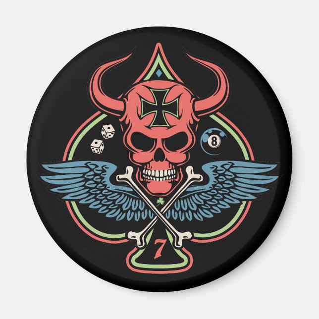 Imã Caveira do Diabo Maltês, Lucky Winged, de Espadas (Frente)