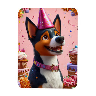 Ímã Celebração de Aniversário Com Cachorro Feliz