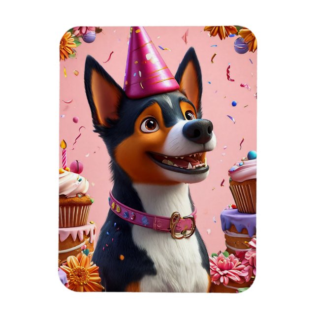 Ímã Celebração de Aniversário Com Cachorro Feliz (Vertical)