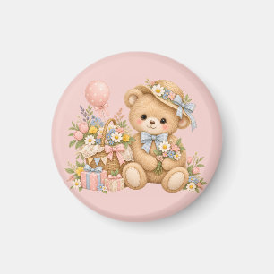 Imã Celebração do Urso de Pelúcia Vintage com Flores S