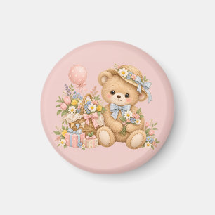 Imã Celebração do Urso de Pelúcia Vintage com Flores S