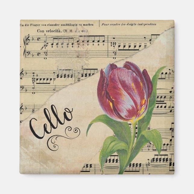 Imã Cello Elegante Tulip Vintage Sheet Music (Frente)