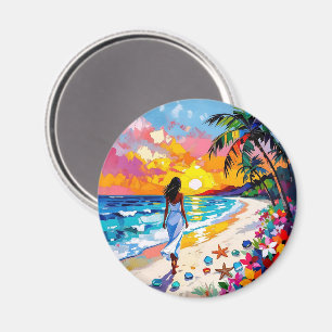 Imã Cena Abstrata de Praia ao Pôr do Sol Vibrante