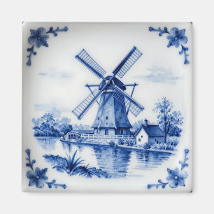 Imã Cena Clássica do Moinho de Vento no Canal em Azul 