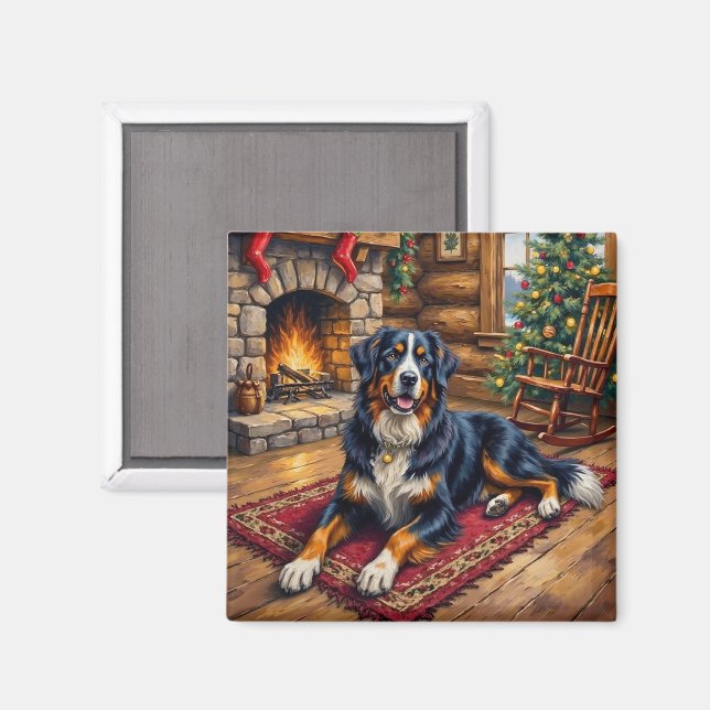 Imã Cena de Cabine de Natal Aconchegante com Cachorro  (Front/Back)