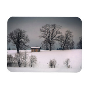 Ímã Cena de inverno, colina e árvores, cabana
