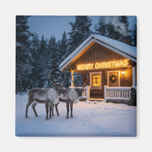 Imã Cena de inverno com uma placa de feliz natal brilh