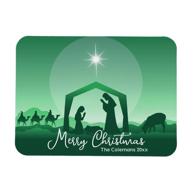 Ímã Cena de Natal Alegre Verde Religiosa (Horizontal)