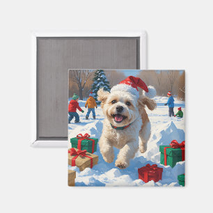 Imã Cena de Natal com Bichon Frise na Neve Festiva