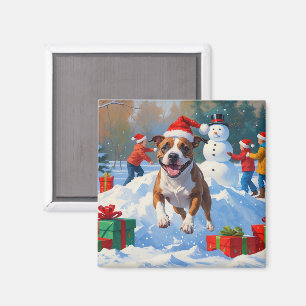 Imã Cena de Natal com Bull Terrier na Neve
