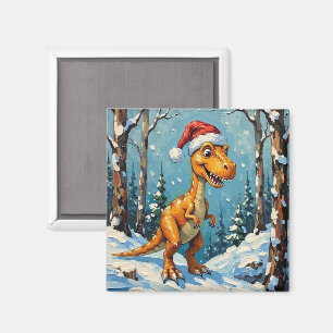 Imã Cena de Natal com Dinossauro Vintage e Chapéu de P
