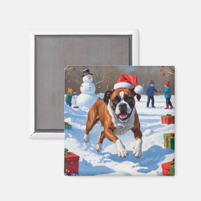 Imã Cena de Natal com Neve Festiva do Boxer (Front/Back)