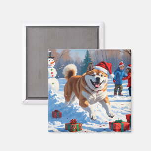 Imã Cena de neve festiva de Natal Akita