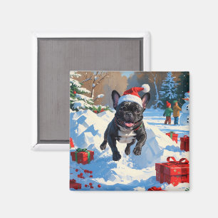Imã Cena de neve festiva de Natal com Bulldog Francês