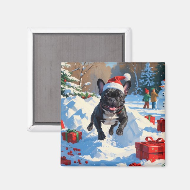 Imã Cena de neve festiva de Natal com Bulldog Francês  (Front/Back)