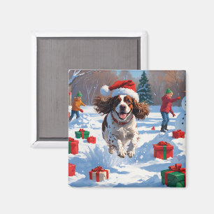 Imã Cena de neve festiva de Natal do Brittany Spaniel