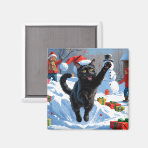 Imã Cena de Neve Festiva de Natal do Gato Preto