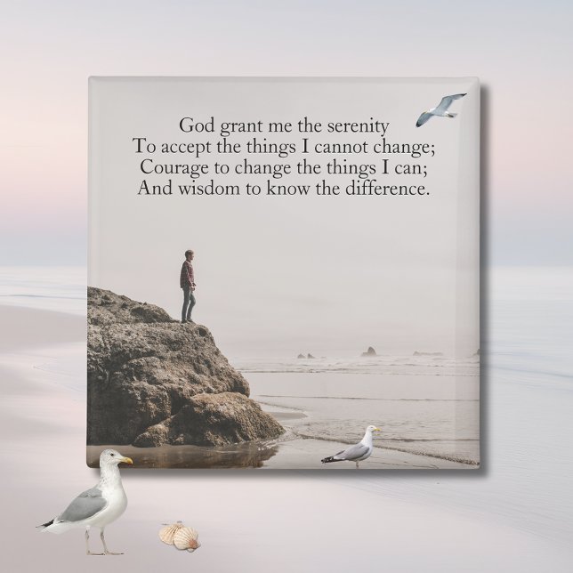 Imã Cena de reflexão na praia da oração da serenidade (Seagull Contemplating Serenity Prayer Magnet )