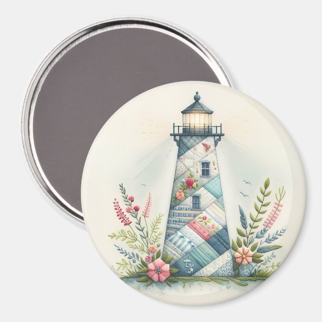 Imã Cena Floral do Farol em Patchwork Costeiro (Front/Back)