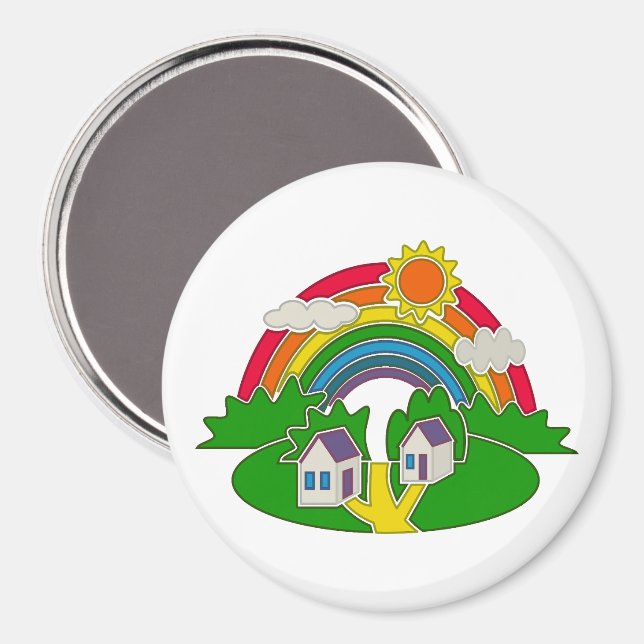 Imã Cena rural de desenho animado com arco-íris e casa (Front/Back)