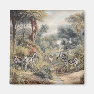 Imã Cenário botânico de zebras e leões em oásis