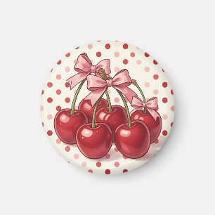 Imã Cerejas Vermelhas Doces Laços Rosa Pontos Polka Re
