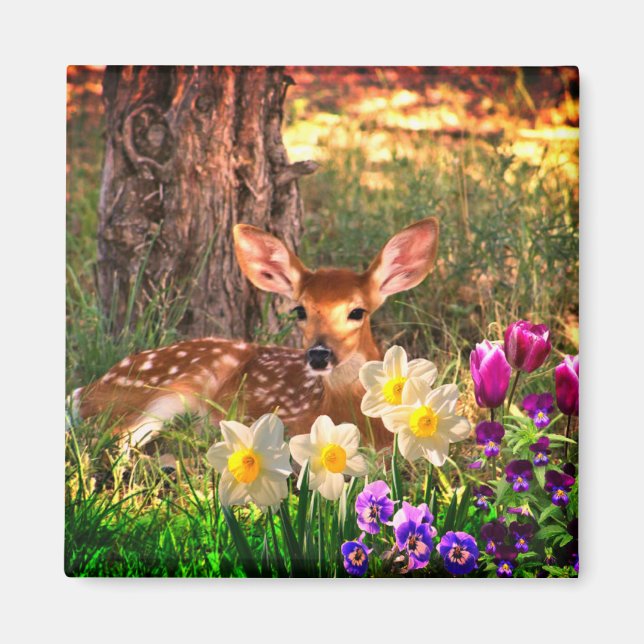Imã Cervo com Flores de Primavera Narcisos / Tulipas (Frente)