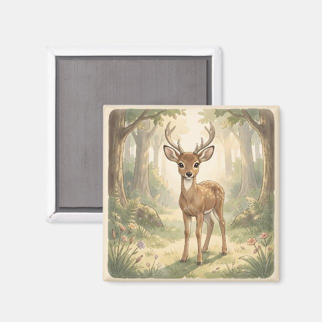 Imã Cervo fofo vintage na floresta (Front/Back)
