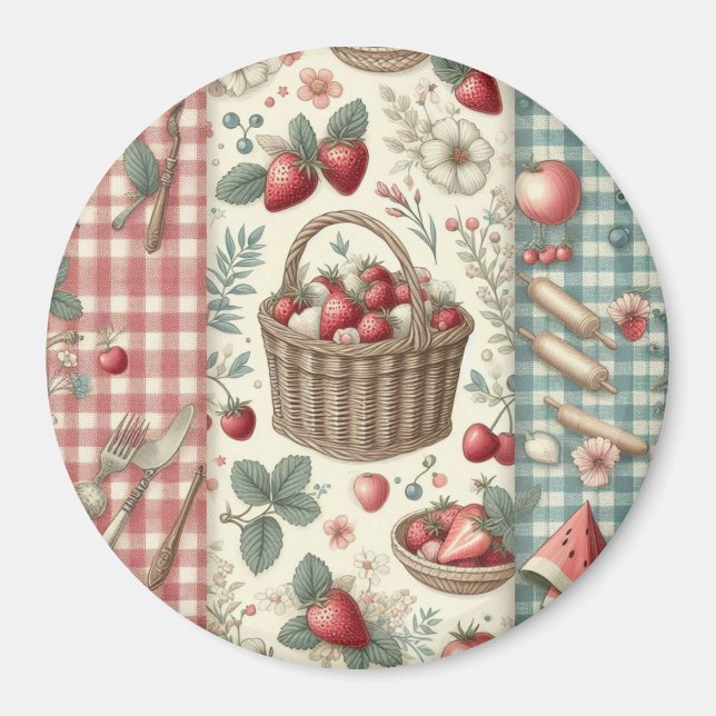Imã Cesta de Frutas Gingham Diversão (Frente)