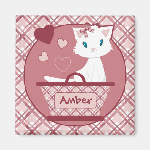 Imã Cesta do tartan do rosa Pastel com o gatinho