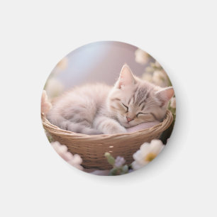 Imã Cesta Floral de Gatinho Sonolento Sonhador