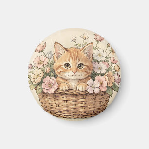 Imã Cesto de Flores com Doce Gatinho Ruivo
