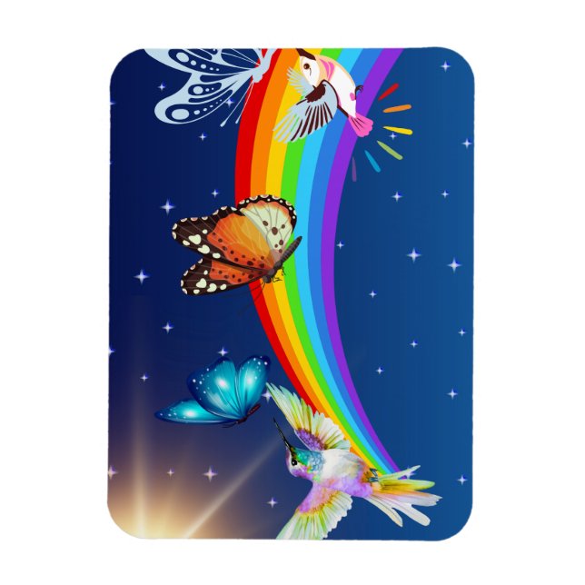 Ímã Céu Noturno, Dois Pássaros, Borboletas e um Arco-Í (Vertical)