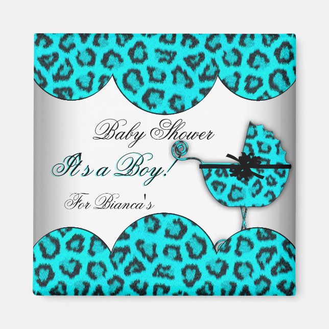 Imã Chá de Bebê Menino Bebê Leopardo Azul Carrinho de  (Frente)
