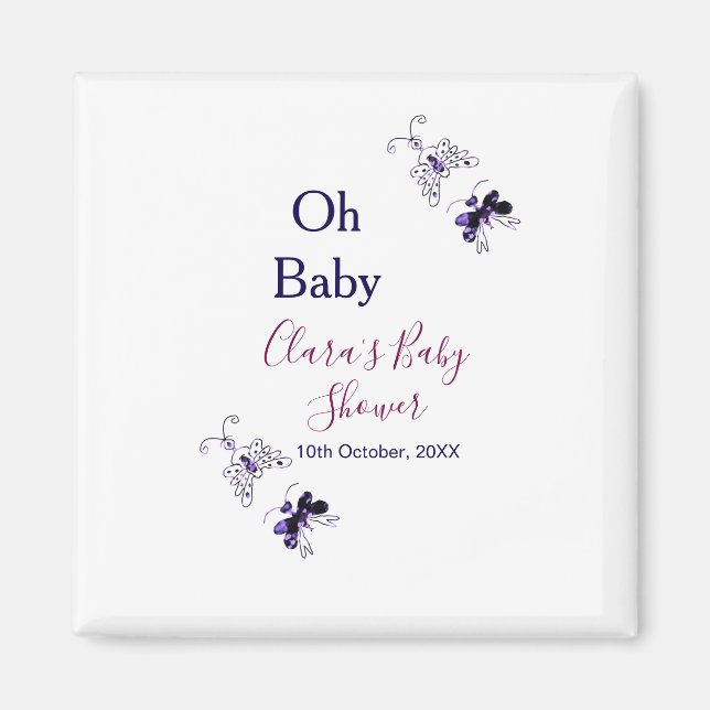 Imã Chá de fraldas rosa-borboleta roxa oh bebê moderno (Frente)