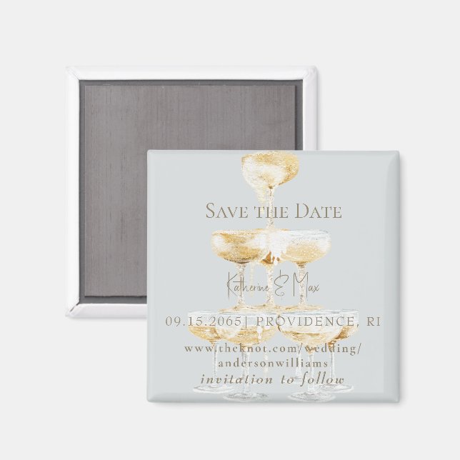 Imã Champagne Tower Icy Blue Wedding Save the Date II (Front/Back)