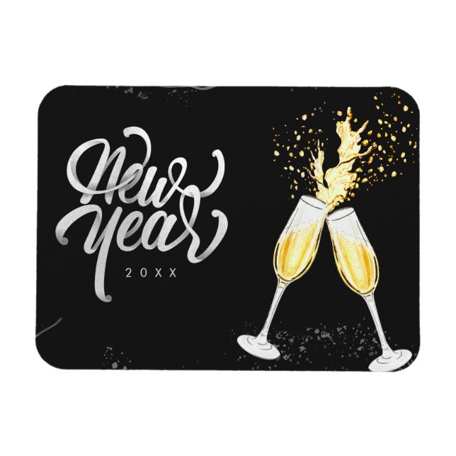 Ímã Champanhe Dourado Vidro Negro Confetti Moderno (Horizontal)