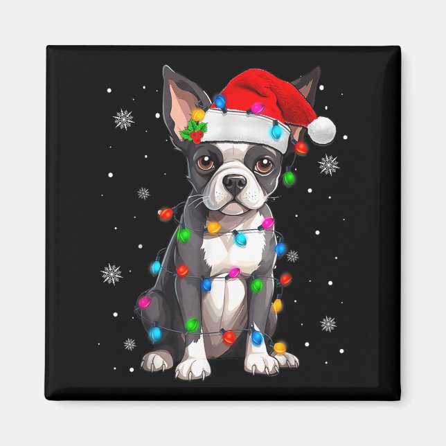 Imã Chapéu de Natal de Papai Noel do Boston Terrier  (Frente)